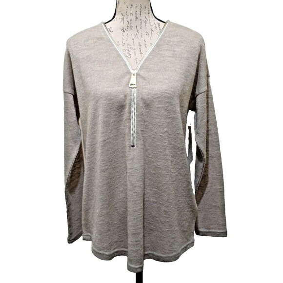 Soft Surroundings Sweater Medium   Heather Gray  Gold Statement Zip  Great - Picture 1 of 14